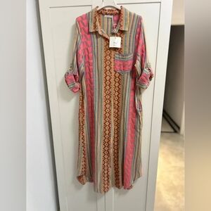 Colorful Aztec Stripe Button-Front Shirt Dress